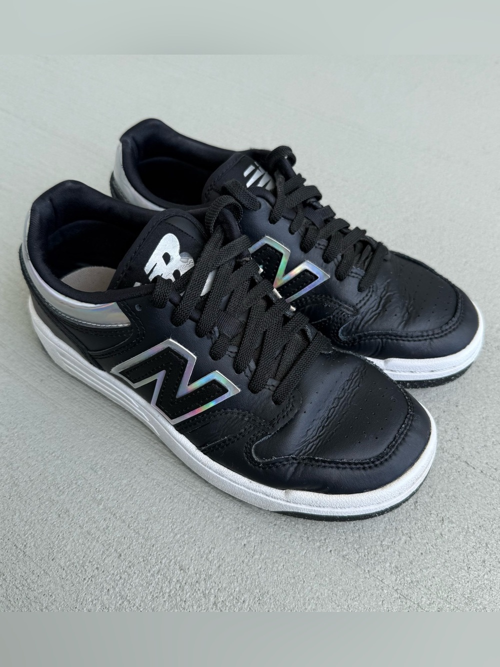 New Balance Black White Leather Sneakers w/ Iridescent N Logo Youth 3.5 Unisex